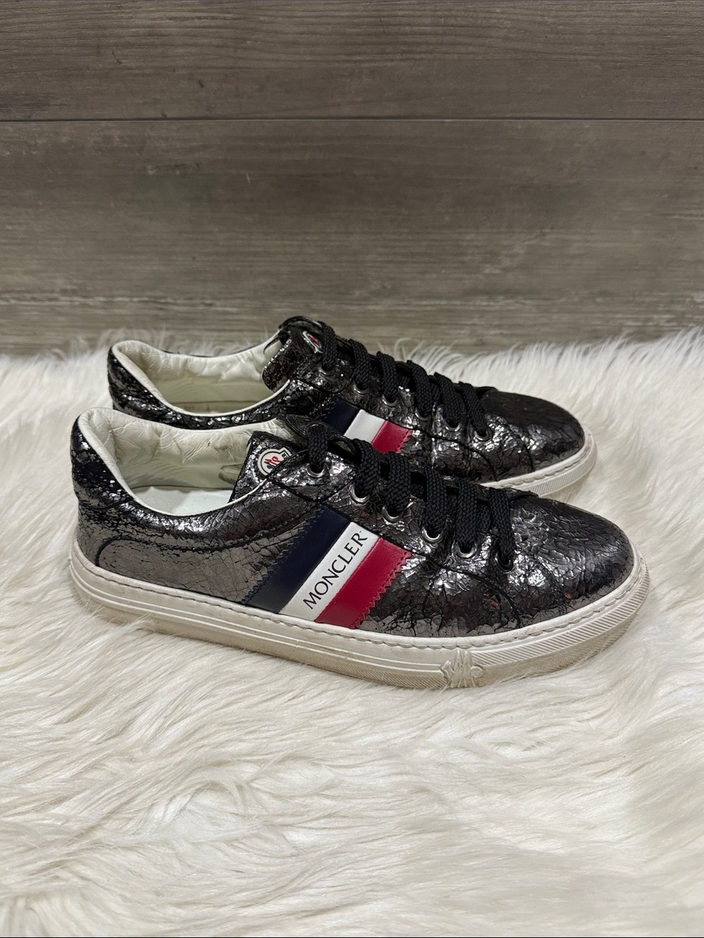 Moncler Women's Black Metallic Crackle Tricolor Low Top Sneakers